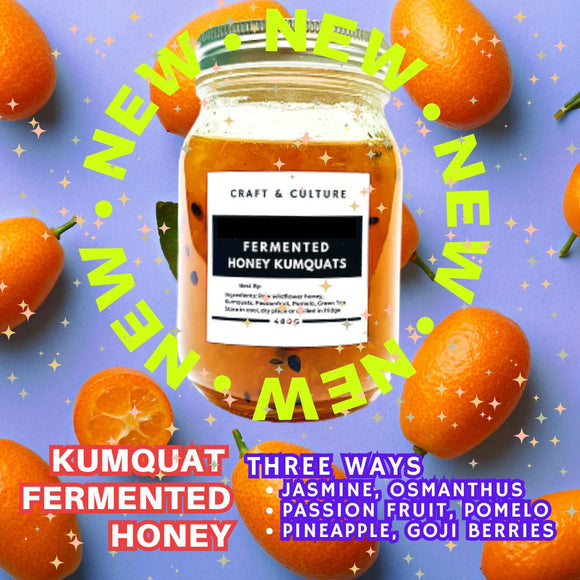 Jar of [FINAL] Fermented Honey Kumquats Gift Set by Craft & Culture - Kombucha, Kefir & Probiotics Singapore on a purple background with kumquats, featuring 