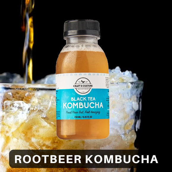 A bottle of Craft & Culture - Kombucha, Kefir & Probiotics Singapore [NEW] Root Beer Black Tea Kombucha, displaying the label 