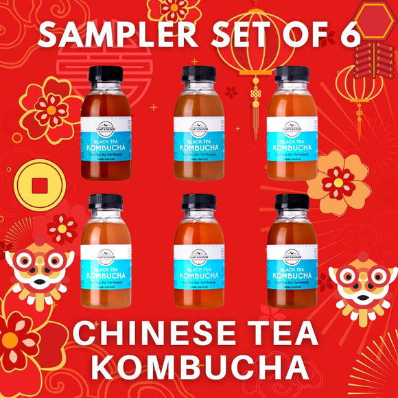 A vibrant red backdrop with lanterns, floral motifs, and dragons showcases six bottles of Chinese Tea Kombucha Sampler 6 by Craft & Culture - Kombucha, Kefir & Probiotics Singapore. Each bottle features a blue label. Text reads 